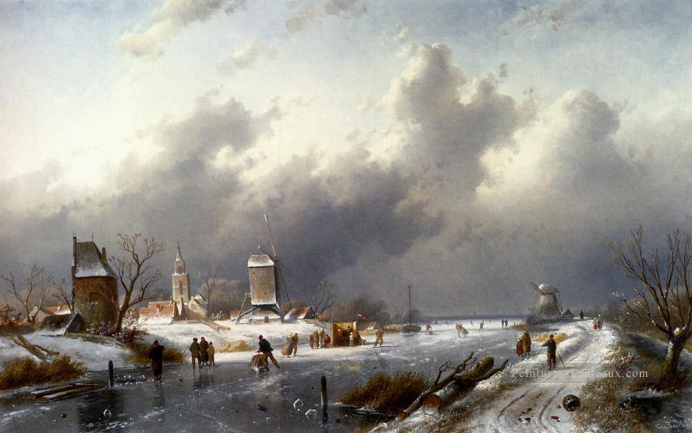 Un paysage d’hiver gelé avec des patineurs paysage Charles Leickert Peintures à l'huile